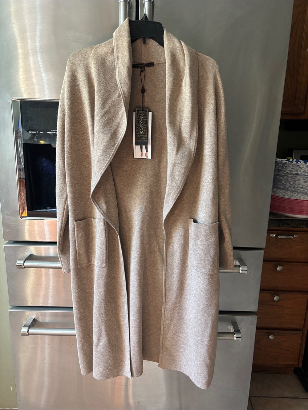 NWT Maxsport Cozy Open-Front Taupe ShawlCollar Cardigan